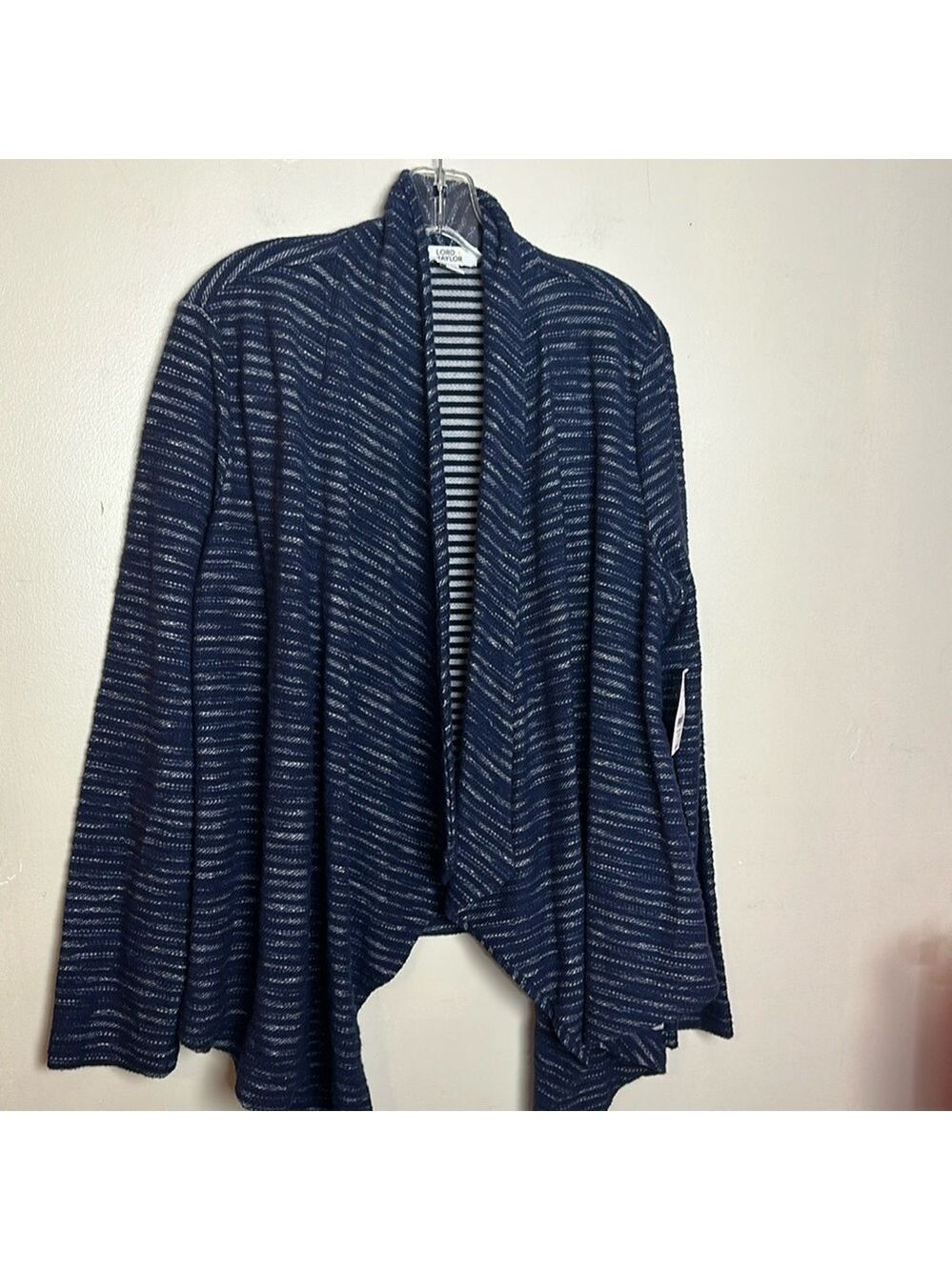 Lord & Taylor Waterfall Relaxed Fit Striped Navy Blue Open Front Cardigan - Picture 2 of 9